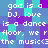 Pixelated text repeats across a of cyan and purple squares, forming a wordwall with phrases about god, DJ, love, dance floor, and music