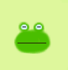 Green frog face with two eyes and a horizontal mouth line on light yellow background; one version shows a red tongue extended from the mouth.