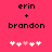Pixelated text 'erin' and 'brandon' with a plus sign above each name, set against a solid pink background with five heart symbols below.