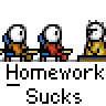 Animated contact sheet of a pixel art character in various poses with text bubbles, showing sequential animation frames on a gray background.