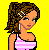 Pixelated cartoon woman with brown curly hair in a high ponytail, wearing pink and white striped crop top and black pants against yellow background.