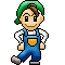 Pixelated character with green cap, brown hair, blue overalls, white shirt, and gray shoes in three poses: left leg forward, both feet flat, right leg forward.