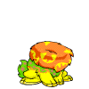Animated sequence of a green cartoon creature with orange patterned shell, transitioning from curled posture to upright rabbit-like pose with pink ears.