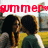 Two figures in dark clothing stand close together on a grassy field with blurred background structures, overlaid with red pixelated text reading 'summer kiss him before its too late'.
