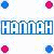 Pixelated text 'Hannah' in blue and pink block letters with scattered colored dots on a white background.