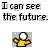 Pixelated character with white head and yellow body appears in multiple poses above text phrases about seeing future clothes, with brown bar at bottom containing two additional yellow shapes.