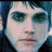 Pixelated close-up of a person's face with light skin, dark hair, and green eyes against a blue background.