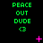 Green text "PEACE OUT DUDE <3" repeated in a with pink star and X symbols on black background