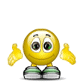 Yellow cartoon character with green-and-white striped pants, arms raised in various poses across showing speech bubbles and small heart/pink particle effects