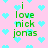 Pixelated green text 'i love nick jonas' on pink background with light blue hearts, animated heart positions shift across frames.