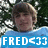 Pixelated image of a person with light brown hair wearing blue clothing, set against green foliage background with white flowers and blue banner text.