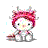 Pixelated character with pink hair and cat ears, white face, black eyes, yellow nose, gray limbs, holding a brown object, surrounded by scattered colored pixels.