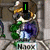 Pixelated character in medieval armor with green and purple accents, holding a sword, standing on stone steps with text overlays.