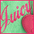 A pixelated image shows the word 'Juicy' in pink cursive script over a light green background with a large red circular shape on the right.