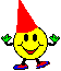 Pixelated yellow smiley face with red pointed hat, green hands, black limbs, and blue-red shoes on gray background.
