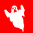 A white ghost icon with arms raised appears on a red background, transitioning to pink and then faded red