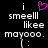 Pixelated text reads 'i smell like mayooo.' with a pink heart symbol above the first 'i' on left side, static display on black background.