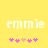 Yellow background with white text 'emmie' and pink heart symbols below, showing two animation states where the hearts shift position.