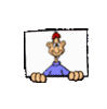 Cartoon character with red hair and blue shirt peeks from behind white rectangular frame, showing varied facial expressions
