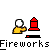 Pixel art animation of a yellow figure lighting red firework rockets, with text labels and explosion effects on a gray background.
