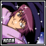 Pixelated anime-style character with purple hair and pink clothing, lying down under a blanket with sparkling effects.