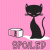 Pixelated black cat sits on white surface next to silver and white cylindrical object against pink background with 'SPOILED' text below.