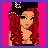 Pixel art contact sheet of a 6-frame animated icon featuring a cartoon woman with red hair, black hat, and revealing outfit across three panels showing full body, torso, and legs on pink background with blue text "Hot" and "Sexy".