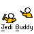 Pixelated character in yellow robe with white head, holding red or green lightsaber, performing various combat poses