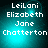 Pixelated text displays 'LeiLani Elizabeth Jane Chatterton' on a teal gradient background with a central light bloom effect.