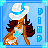 Pixel art contact sheet of a 7-frame animated icon featuring a cartoon woman in cowboy attire with repeated text "PIMP" on the right side, displayed against a blue background with light blue corner accents.