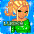Pixelated icon of a person with blonde curly hair wearing green clothing, standing against blue background with white sparkles.
