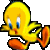Four pixelated frames of a yellow cartoon bird character with blue eyes and orange beak in various running poses against gray background
