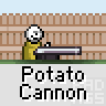 Animated contact sheet showing a potato cannon's firing sequence with a stick figure operator, wooden fence background, and explosion effects across 21 frames.