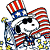 Static pixelated icon of a cartoon character with patriotic red-white-blue stripes, black sunglasses, and yellow accents on a white background.