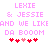 Pixelated pink text reads 'LEXIE & JESSIE AND WE LIKBAND WE LIKE DA BOOOM' with red and light-red hearts below, on a white background.