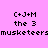 Pixelated text on pink background with yellow highlight boxes over 'the 3' and 'muskeeteers' in different frames.