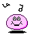 Pixelated pink circular character with white eyes and black mouth, displaying multiple facial expressions under changing abstract symbols.
