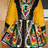 A pixelated figure in a yellow and black traditional outfit with colorful patterns, overlaid with green text blocks.
