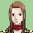 Pixelated image of a person with long brown hair and red scarf against light green background, next to text on bright green screen.