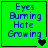 Four green square with blue text 'Eyes Burning Hate Growing' and varying black or green heart symbols at bottom right