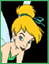 Pixelated cartoon fairy with blonde hair in a bun, green dress, and translucent wings against black background.