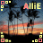 Animated sequence showing 'Allie' text over a sunset beach with palm trees, transitioning from full color to grayscale while pixelated corner elements shift.