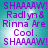 Pixelated text on a teal background with purple lettering, repeating 'SHAAAAW! Radlyn & Rinna Are Cool.' in four identical quadrants.