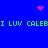 Blue background with green text repeating "I LUV CALEBI" and pink pixelated heart/sparkle symbols.