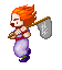 Pixel art character with orange hair and red cheeks running while holding a flag, displayed in four sequential animation frames on gray background.