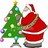 Santa Claus in red suit stands beside a green Christmas tree with colored ornaments and a yellow star topper.