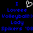 Pixelated blue text and white heart symbol on black background with repeated 'I Loveee Volleyball!:) Lady Spikers '08' layout.