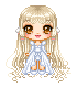 Pixel art doll avatar with long blonde hair and blue dress, showing multiple facial expressions and a small blue gem on head across frames.