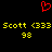 Red pixelated heart symbol above yellow text reading 'Scott <333 Scott <333' with '98' below each pair on black background.