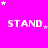 A bright pink background with white pixelated text reading STAND repeated in a , surrounded by small white and light purple stars